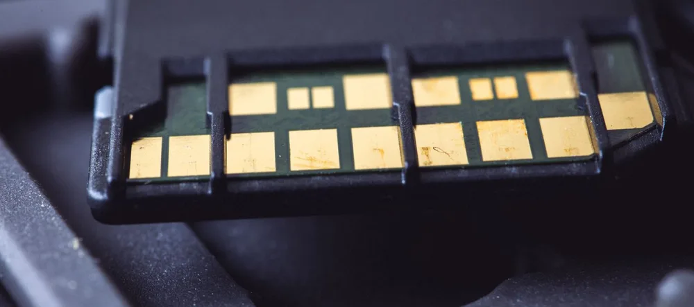 Macro view of the gold contacts on a memory card